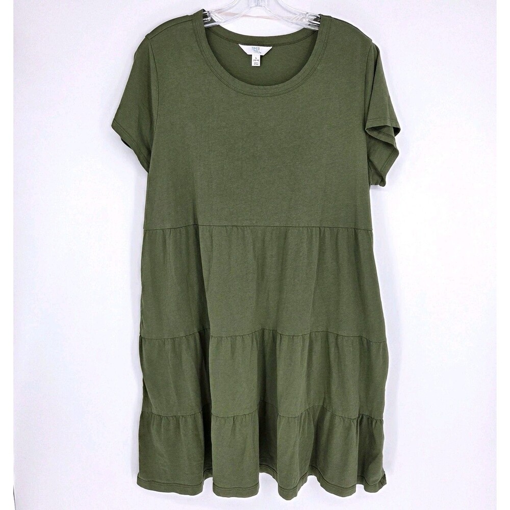 Time and Tru Womens Green Tiered Dress w/ Pockets Lg Cotton Knee Length Fall